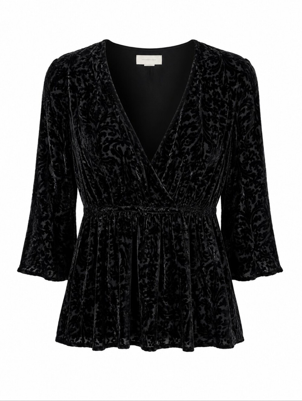 Anthropologie Black Burnout Velvet Faux Wrap Peplum Top Boho Romantic Daye Night